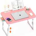 Bed Desk Height Adjustable, Bed Laptop Table with USB/Storage Drawer/Cup Holder/Tablet Stand/Book Shelf, Foldable Breakfast Tray Portable for Reading Writing, Bed, Sofa & Floor, Wood, Pink