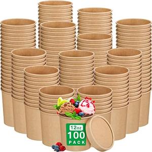 100 Pack 12 oz Paper Ice Cream Cups Disposable Dessert Bowls with Vented Lids Hot Soup Bowls Kraft Paper Food Containers for Cold and Hot Foods Sundae Yogurt Soup Birthday Party(Brown)