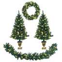 9 ft. Pre-Lit Christmas Decoration Set Artificial Christmas Garland Wreath and Entrance Trees (4-Pieces)
