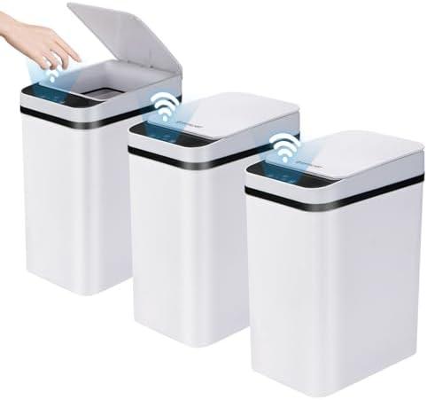 SHTALHST 2 Pack Bathroom Trash Can with Lid, 2.5 Gallon Small Slim Trashcan, Automatic Trash Can Touchless, Motion Sensor Waterproof Plastic Trash Bin for Bedroom Kitchen Office Living Room (White)