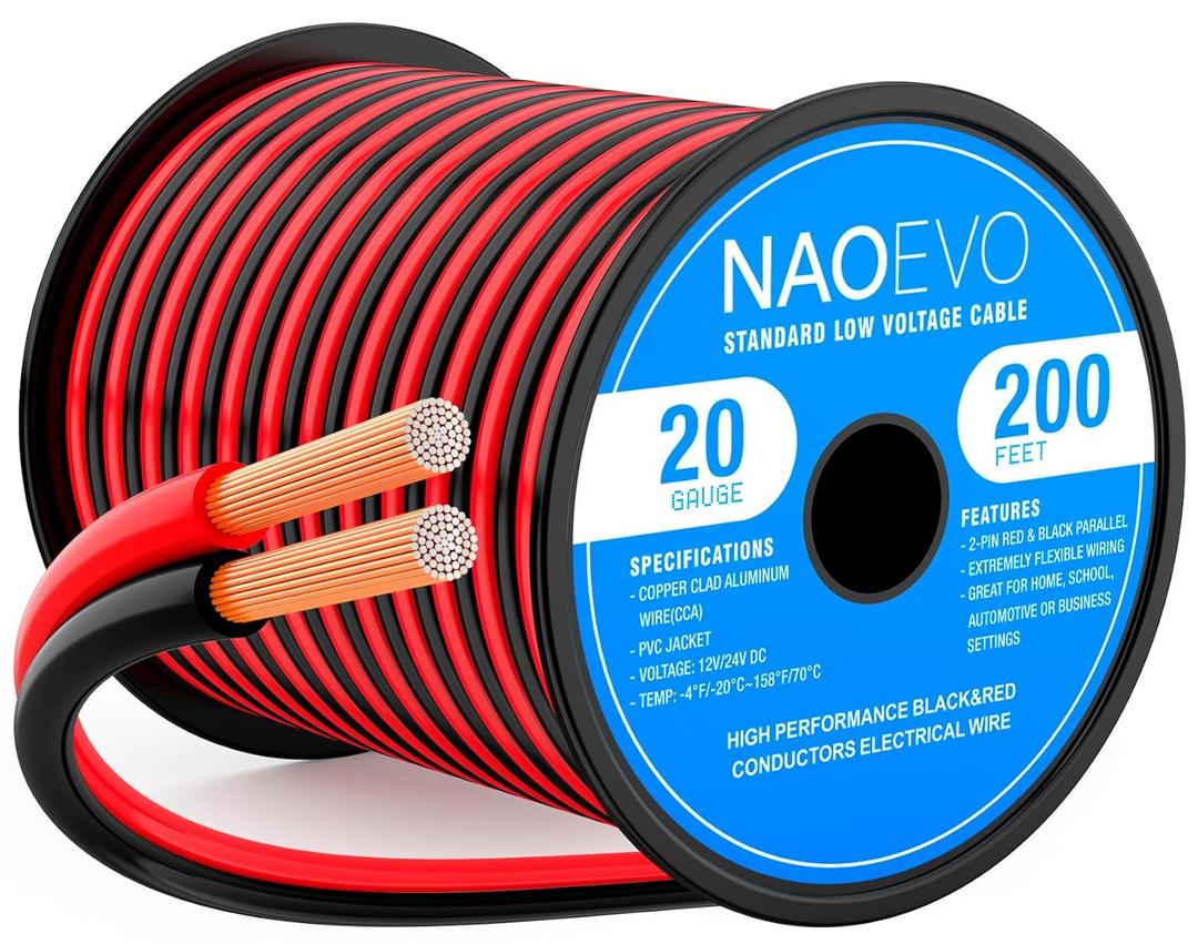 NAOEVO 20 Gauge Wire 200FT, 2 Conductors Electrical Wire Red Black Cable, Flexible/Low Voltage/PVC 20 AWG Copper Clad Aluminum Extension Cord for Speaker, LED Strips, Automotive 12V/24V DC