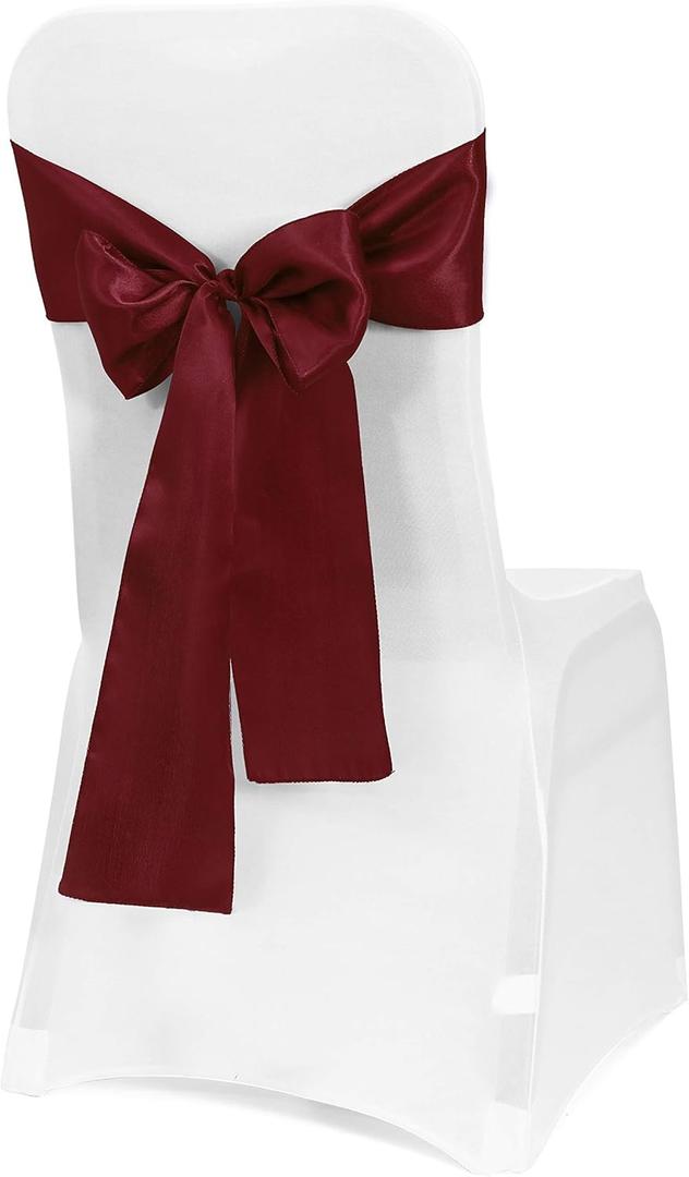 Obstal 50 PCS Burgundy Satin Chair Sashes Bows for Wedding Reception- Universal Chair Cover Back Tie Supplies for Banquet, Party, Hotel Holiday Event Decorations