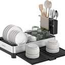 SONGMICS Small Dish Drying Rack, Expandable Dish Dryer for Kitchen Counter, Stainless Steel Dish Rack with Utensil Holder, Rustproof, for Dishes, Knives, Spoons, Forks, Silver and Black UKCS035B01 (Silver + Black)