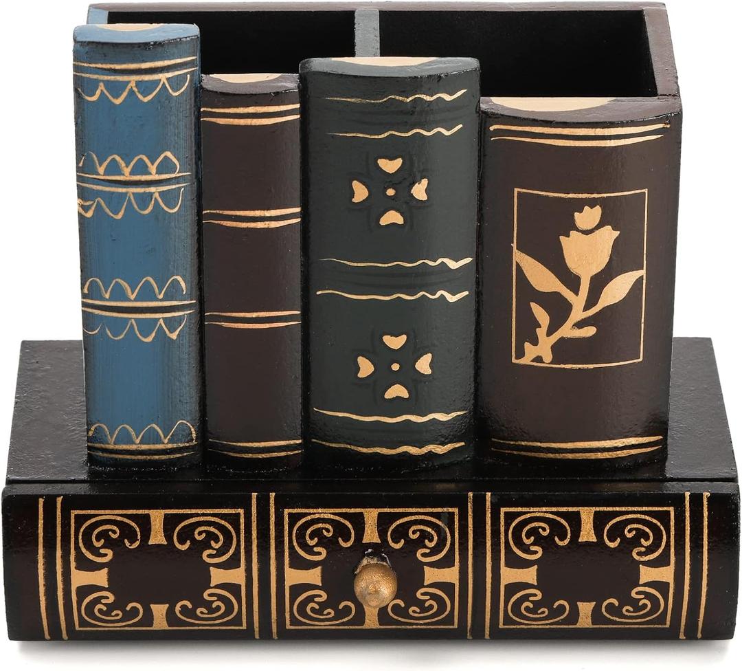 Tosnail Decorative Pen Holder with Storage Drawer, Wooden Pencil Holder Organizer, Antique Library Books Design Pen Cup Caddy, Desk Organizer for Office Supplies, Countertop, Desk, Table Accessory