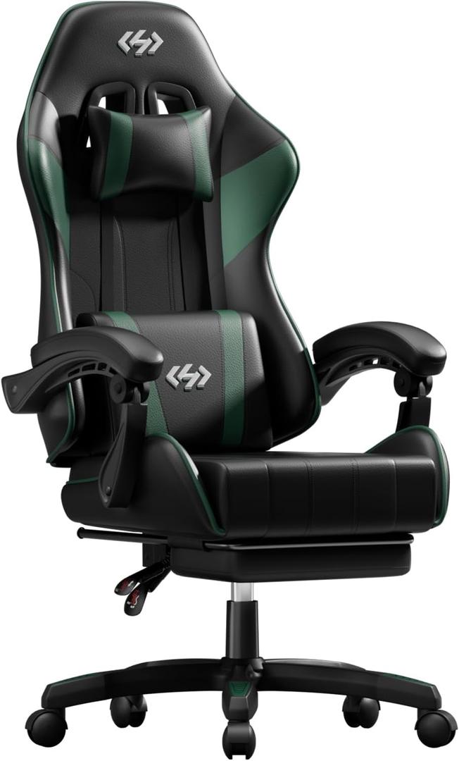 HLDIRECT Gaming Chair with Footrest, Lumbar Support & Headrest, Black&Green, Standard