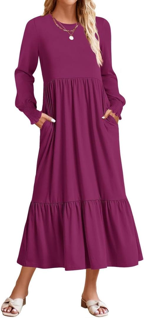 ZESICA Women's 2026 Spring Long Sleeve Dress Crewneck Casual A Line Pleated Tiered Flowy Trendy Midi Dresses with Pockets (Medium, Plum)
