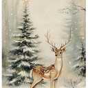 BCUANGD Winter Wall Art - Retro Christmas Deer Wall Decor Poster Hanger with Wood Frames, Rustic Pine Tree Landspace Holiday Xmas Wall Hanging Canvas Decor for Farmhouse Home Bedroom, 12x16 Inches