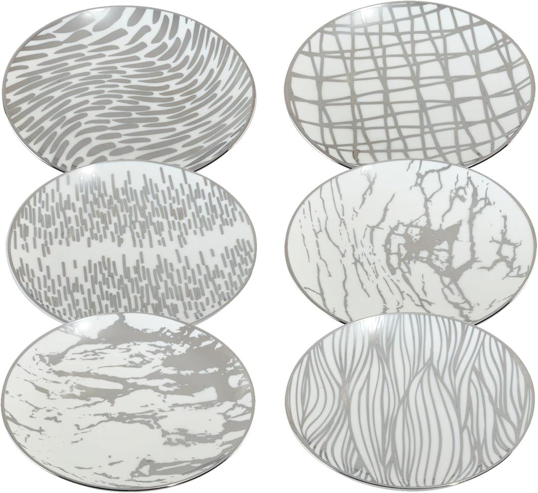 Certified International Matrix Silver Plated 6" Luncheion/Canape Plates Set of 6 Assorted Designs