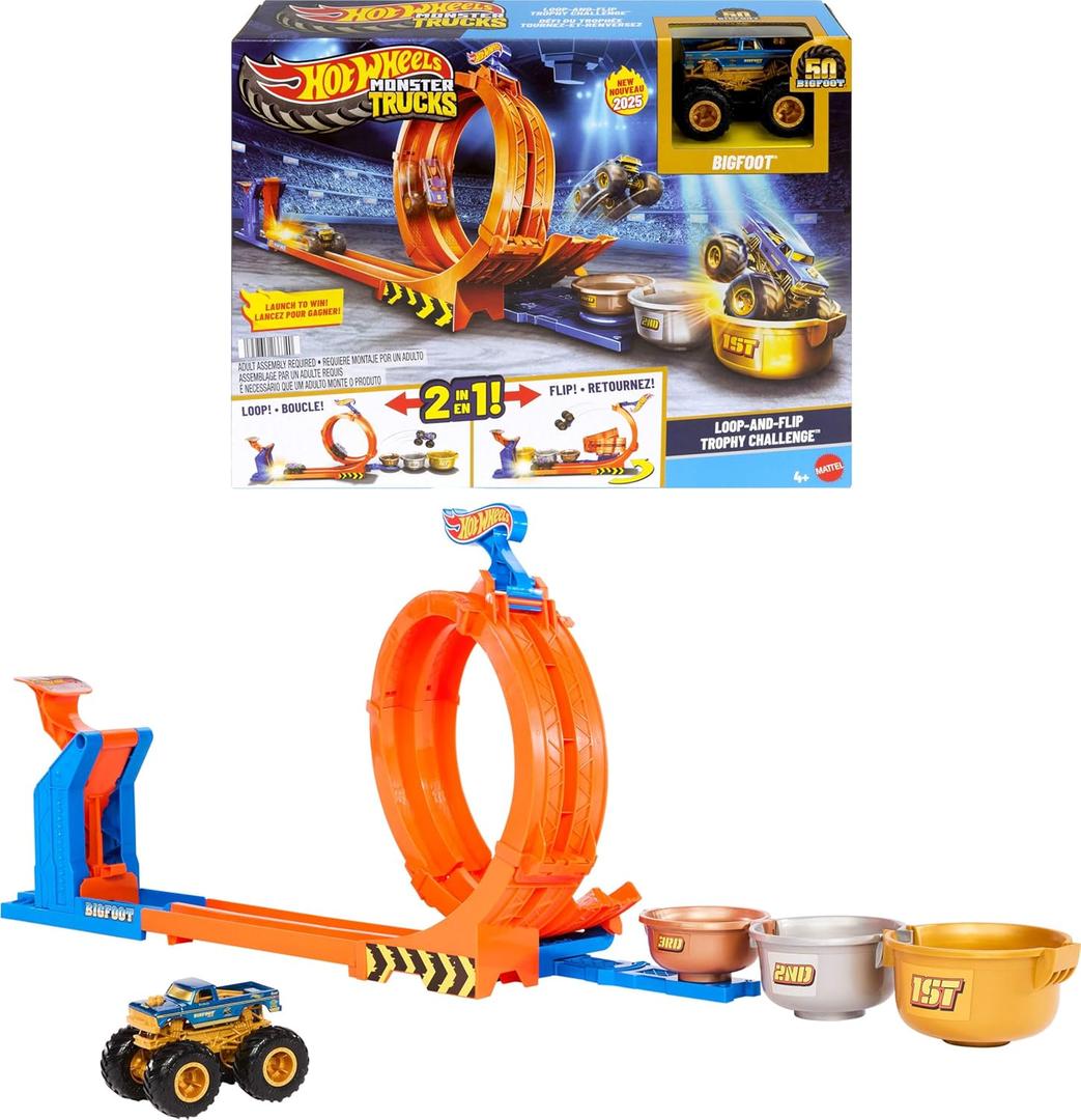 Hot Wheels Monster Trucks Toy Truck & Track Set, Loop-and-Flip Trophy Challenge Playset & 1:64 Scale 50th Anniversary Die-Cast Bigfoot, 2 Ways to Play