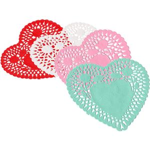 Heart Doilies 10 Inches - Pack of 100, 25 Each in Red, Pink, White, and Blue - Perfect for Valentine's Day Decorations.