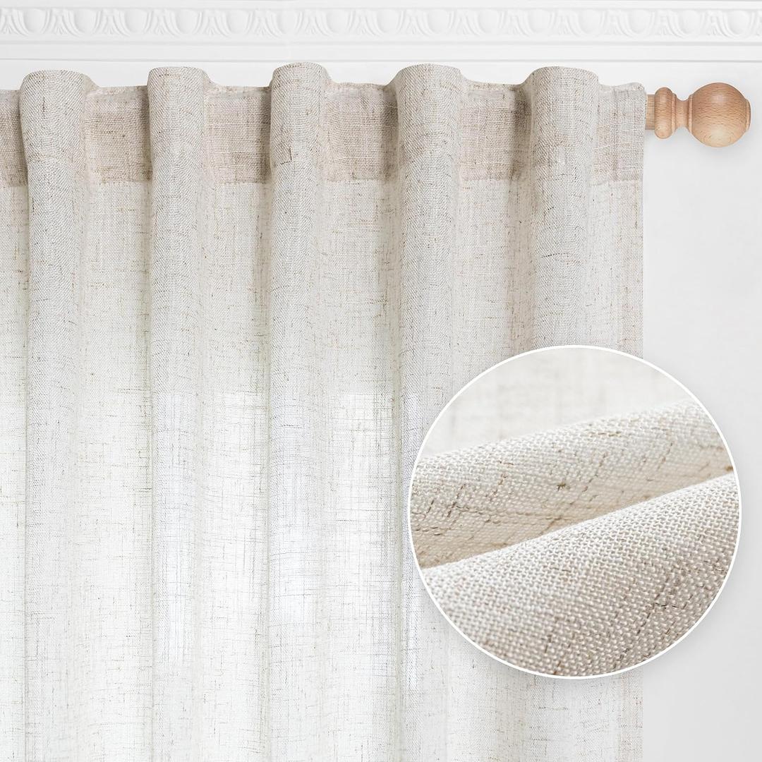 MYSKY HOME Linen Curtains for Living Room, Natural Semi Sheer Curtains & Drapes 84 inches Length 2 Panels Set Farmhouse Country Boho Style Back Tab Draperies for Sliding Glass Door, 50" Wide, Linen
