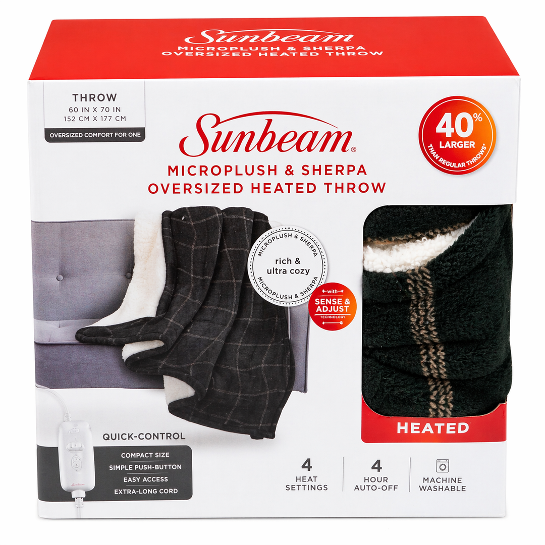 Sunbeam, Microplush and Sherpa, oversized Heated Throw, 60in x 70in