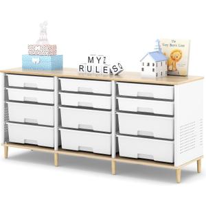 TOOLF 12 Drawers Storage Cabinet with Wooden Top and Plastic Bins, White