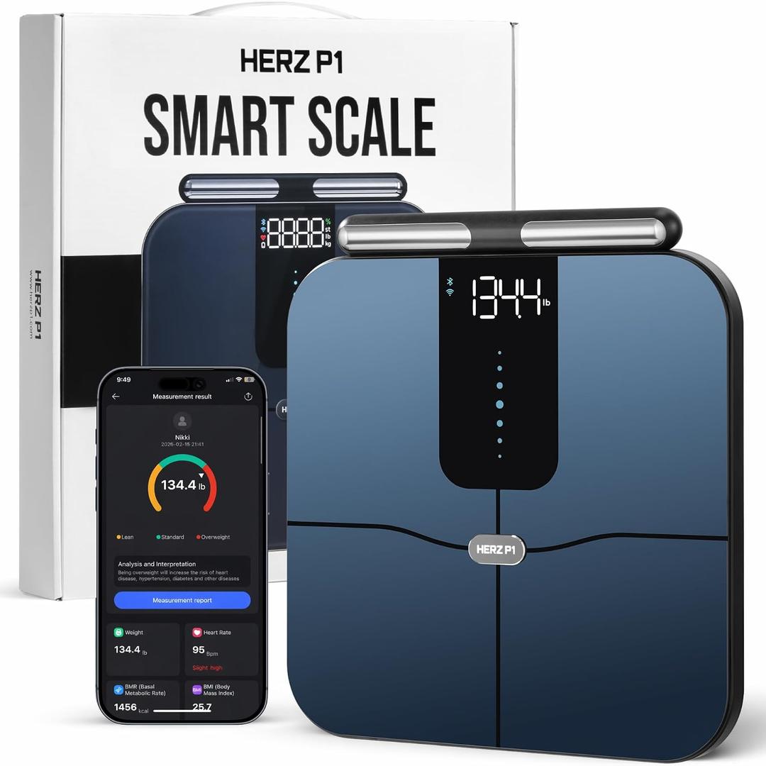 Herz P1 Smart Scale - 8-Electrode Body Composition Scale with Handle | BMI, Body Fat, Muscle Mass, Body Weight Dual-Frequency BIA for Precision Tracking App Tracks 56 Health & Fitness Metrics