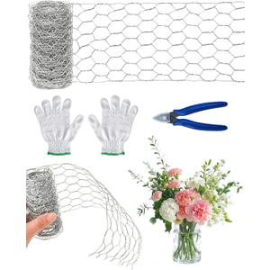 4x118 Inch Chicken Wire for Floral Arrangements, Floral Chicken Mesh Netting Flower Frog Vase Arrangement Base Holder with Gloves and Plier for DIY Craft/ Floral Supplies/ Garden Fencing