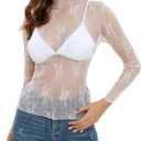 MEROKEETY Womens Mesh Sheer Lace Long Sleeve Tops 2026 See Through Mock Neck Shirt Fashion Blouses Date Night Outfit Clothes (White, S)