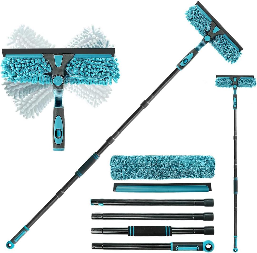 Professional 2-in-1 Window Squeegee Cleaner Tool with 62" Extension Pole, Rotatable Bendable Head & Scrubber, Car Glass Cleaning Kit for Windows, Shower, Gas Station - 1 Blade 2 Scrubber