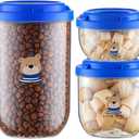 3-Pack Airtight Dog Treat Container Set - Clear Plastic Pet Food Storage Canisters for Kitchen Counter Pantry Organization - Small Stackable Jars for Cat Snacks, Bird Hamster Food, Blue Lids