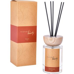 Tranquil Beauty Reed Diffusers for Home - 5 Fragrance Sticks with Gardenia Scent - Hint of Dark Vanilla, Amber, Wood & Bourbon - Room Air Fresheners with Glass Bottle and Wooden Lid (2.3"x4.3")