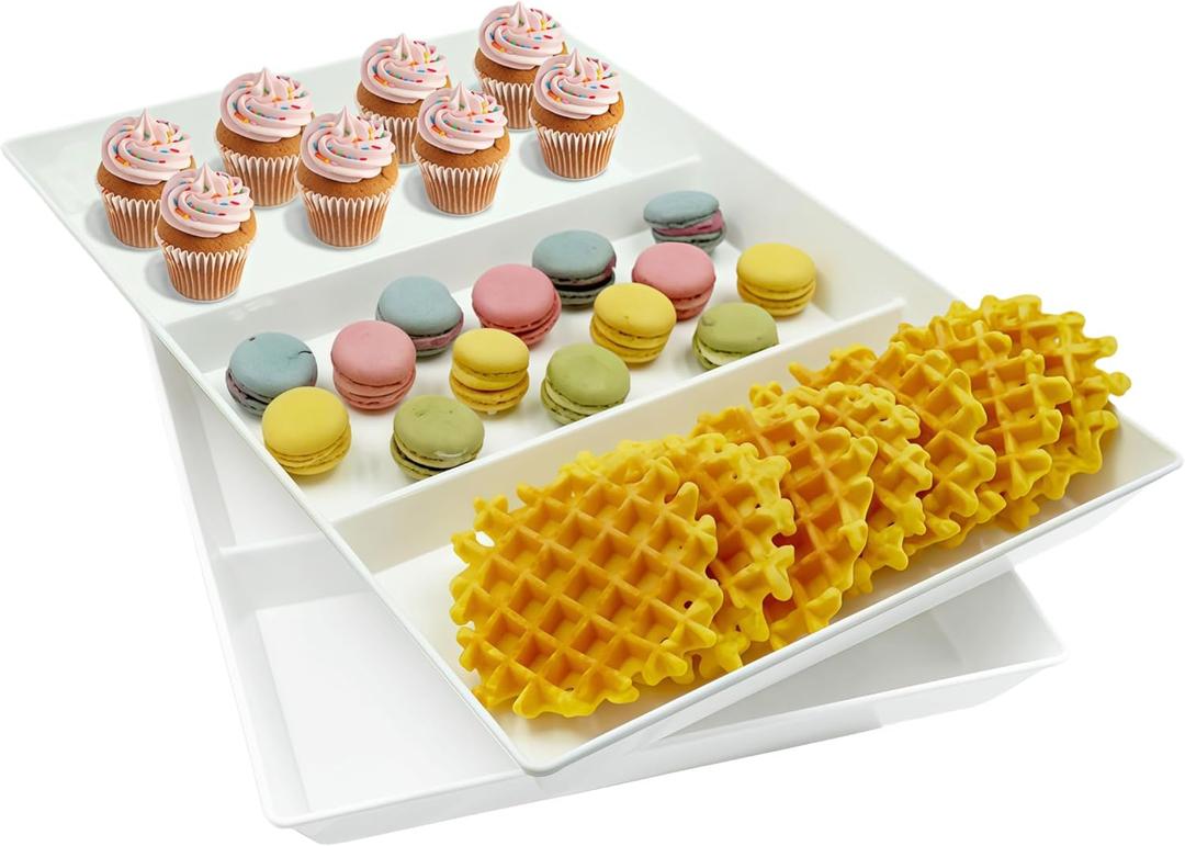 Divided Serving Tray Platter, 2 Pack 15" x 10" Fruit Veggie Food Tray for Party, Plastic Serving Trays for Appetizer, Snack, Dessert, Cookie, Brunch Decorations Platters, White Trays BPA-Free (3 Divided (Large))