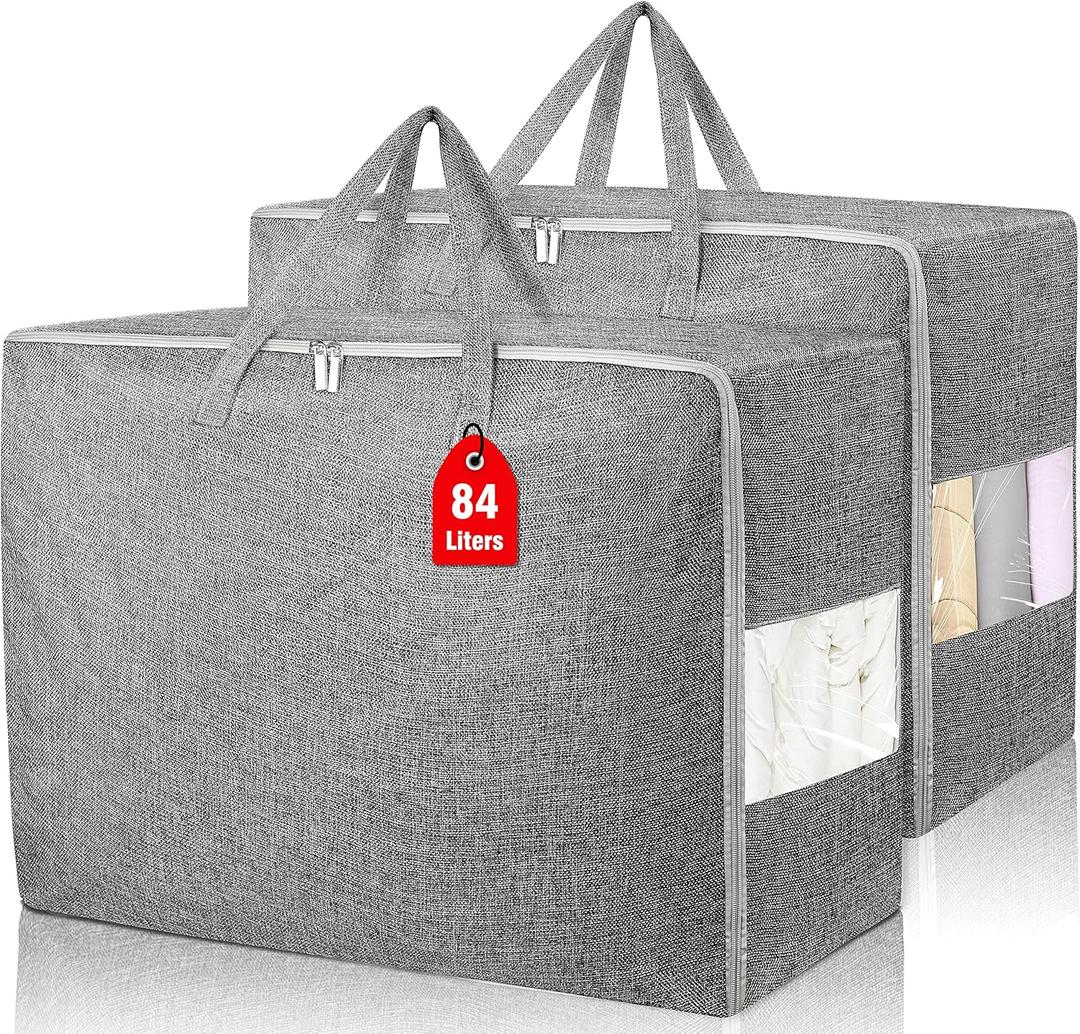 84L Extra Large Storage Bags, Folding Moving Comforter Blanket Storage Bags Closet Organizers and Storage Containers for Clothes with Strong Handles&Zippers Clear Window for Bedding Pillow, Grey, 2Pack