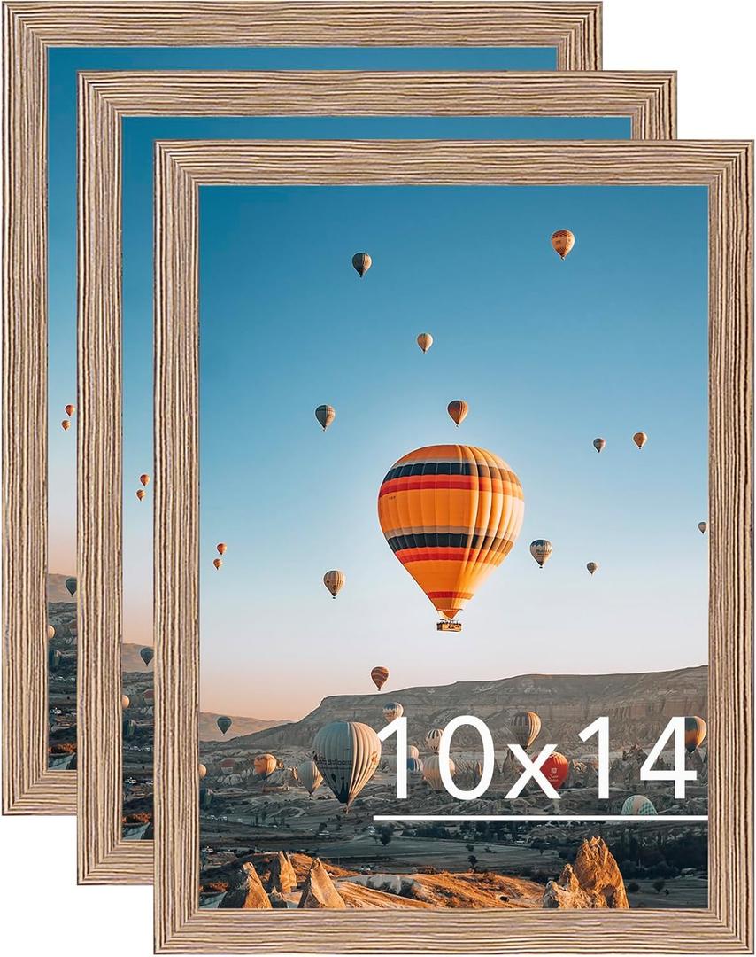 JCJMY 10x14 Rustic Brown Picture Frame Set of 3, Horizontal and Vertical Formats for Wall Hanging, 10 x 14 Wall Gallery Poster Photo Frames with Shatter Resistant Plexiglass, 3 Pack, Rustic Brown