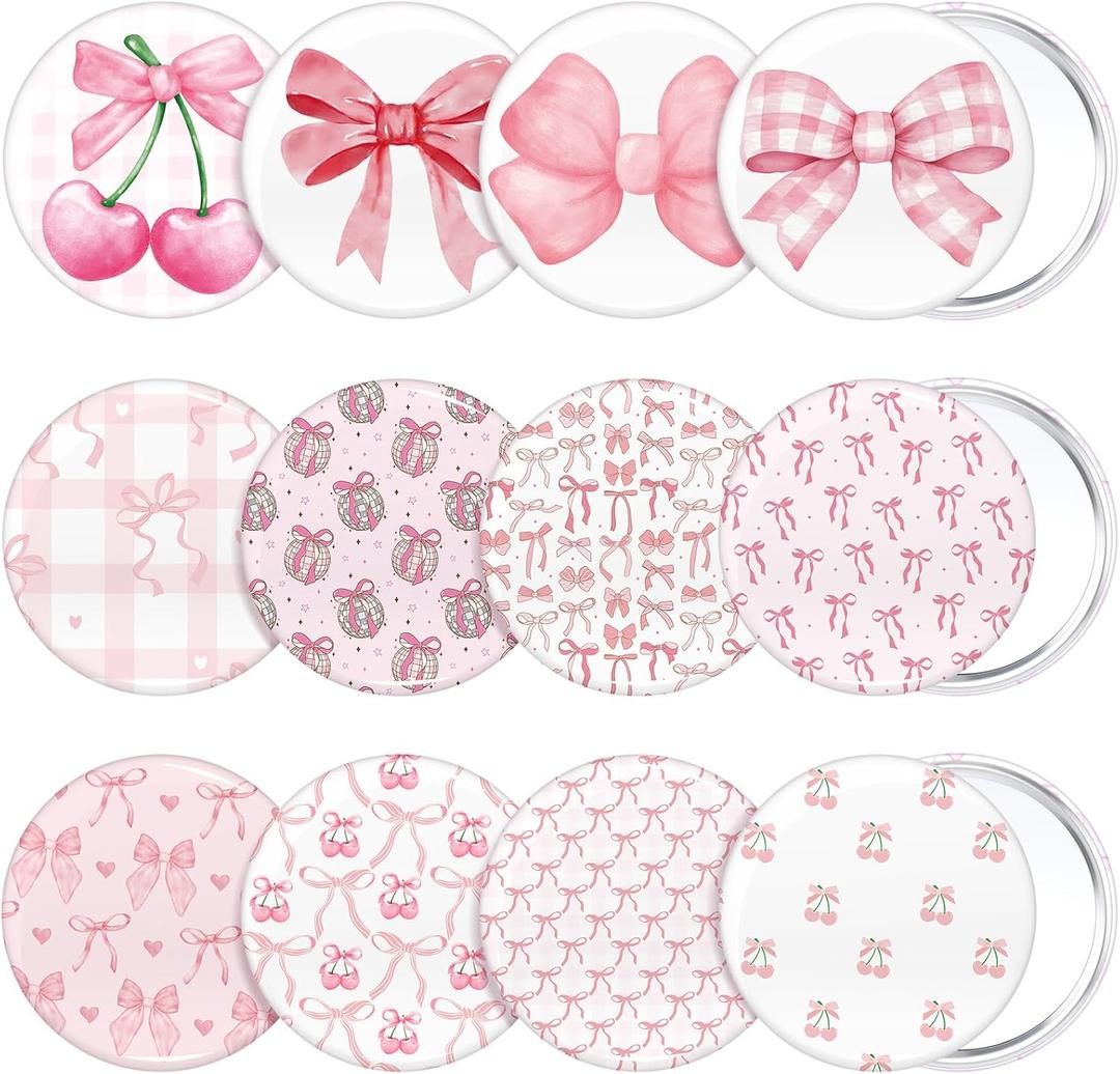 12 Pcs Christmas Bow Party Favors Mini Compact Mirror Bulk Coquette Aesthetic Party Favors Little Pocket Mirrors for Women Girl Birthday Holiday Stocking Stuffer (Cute Style,Pink)