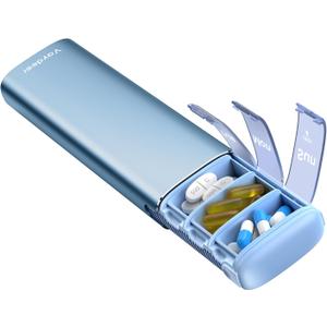 Vaydeer Metal Travel Pill Organizer, 7 Day Weekly Pill Box, Large Capacity Daily Cute Pill Case for Supplements, Pills, Vitamins and Medication (Small,Blue)