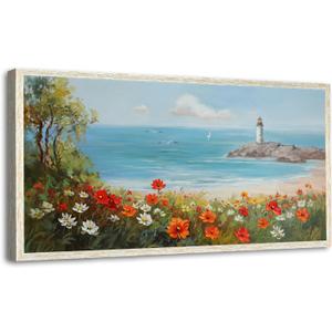 Ardemy Lighthouse Framed Canvas Wall Art for Living Room Blue Ocean Painting Seascape Landscape Coastal Picture Textured Bedroom Artwork Home Office Wall Decor, Large 40"x20"