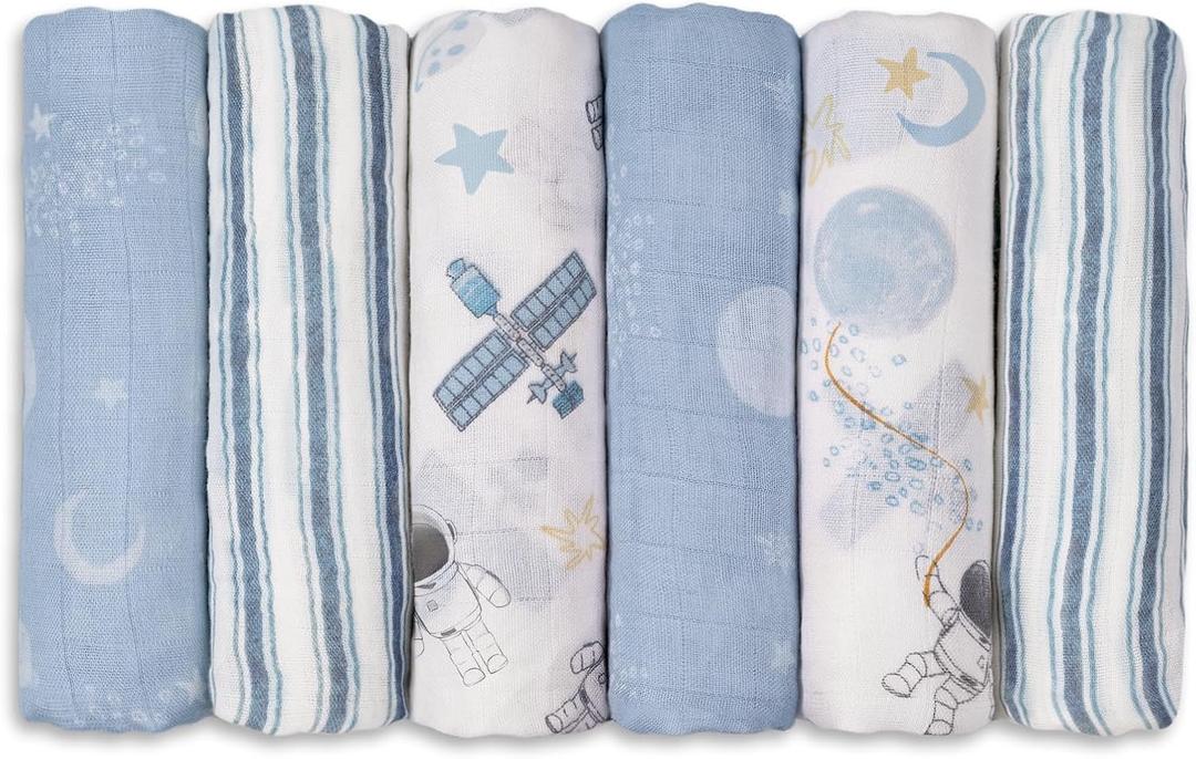 GLLQUEN BABY Receiving Blanket Boy Cotton Muslin Swaddle Blankets Girl Newborn Squares Breathable & Soft Thin Baby Blankets Cloths Double Absorbent Infant Swaddling Wrap - 6 Pack (Astronaut)