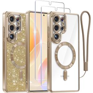 Meifigno Case for Samsung Galaxy S25 Ultra 6.9 inch, [Compatible with MagSafe] [2X HD Screen Protectors] [Glitter Card & Wrist Strap] Full Lens Protection Case for Galaxy S25 Ultra, Desert Titanium