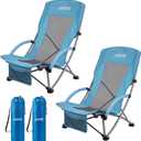 Garvee High Beach Chair 2 Pack, Folding Portable Beach Chairs for Adults, Lightweight Extra Wide Seat Chair with Cup Holder, Storage Pocket & Carry Bag for Camping, Beach, Travel