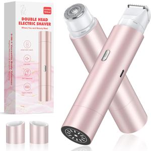 Bikini Trimmer for Women, Dual Head Face Shaver Body Hair Trimmmer, IPX7 Waterproof Womens Electric Razor for Legs, Rose Gold