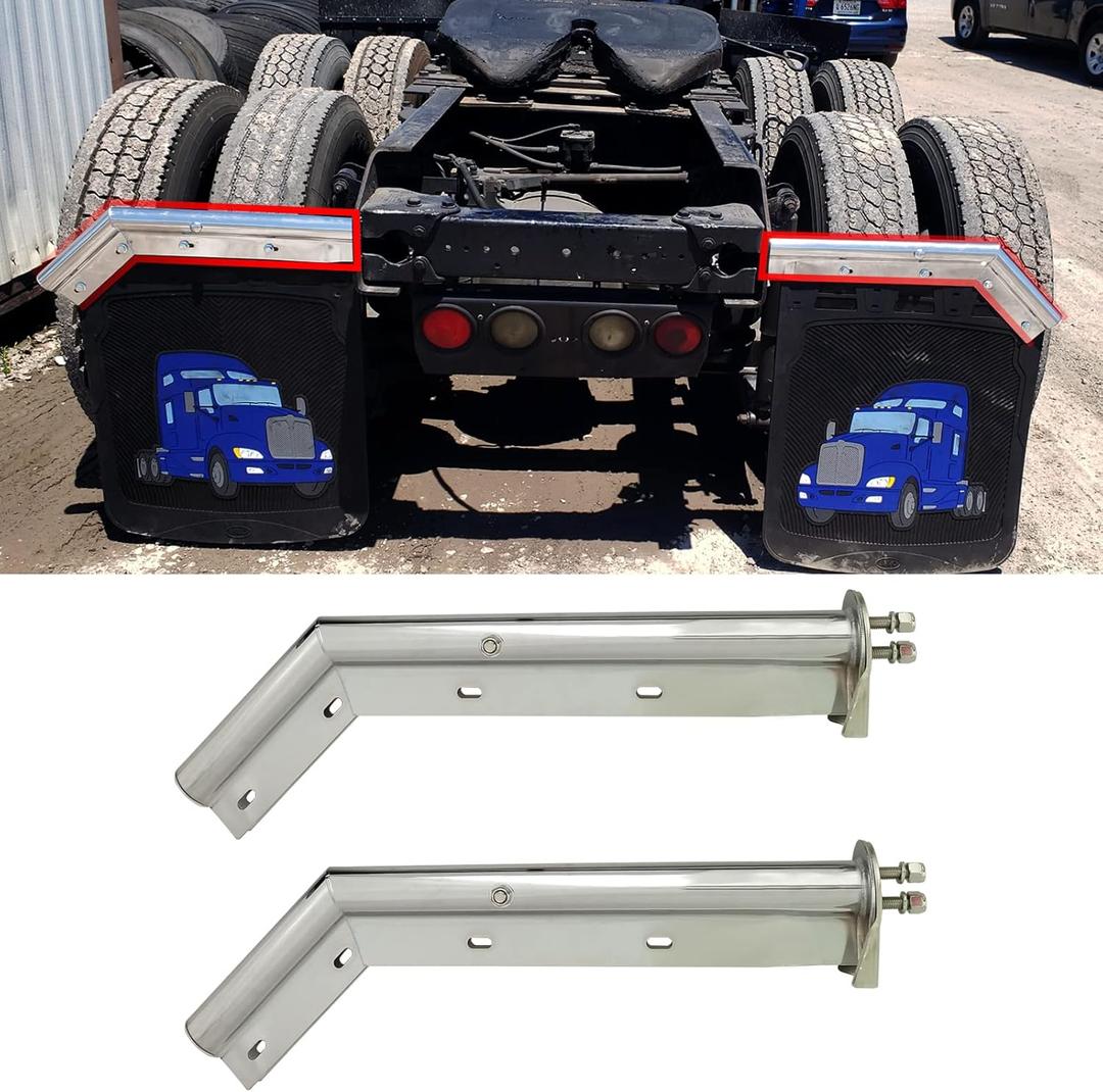 Chrome Angled Spring Loaded Mud Flap Hanger Bracket Set 1-1/8" Bolt Spacing 27.5" Length fit for Semi Trucks, 2PCS