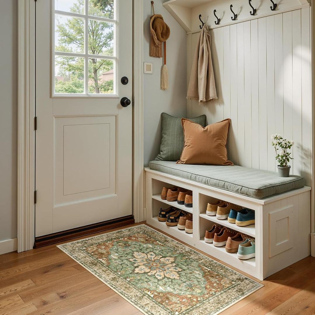 Area Rugs 2'x4' Kitchen Rugs Entry Rug Small Rugs for Entryway Kitchen Bathroom Door Mat Indoor Entrance,Washable Non Slip, Brick Red Rust Neutral Brown Burnt Orange Green