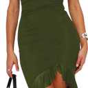 BORIFLORS Women's Sexy Ruched Bodycon Midi Dresses Elegant Sleeveless Backless Ruffle Hem Cocktail Party Tank Dress (Medium, Army Green)