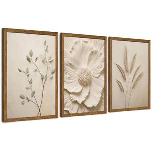 JLTULT Beige Floral Wall Art Set of 3, Solid Wood Frames, 20 x 30 in Each