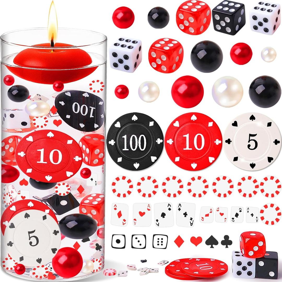465 PCS Casino Theme Vase Filler Floating Centerpiece Decor with Dice, Poker Chips, Pearls, Mini Playing Cards & Chips  Red, Black & White Party Decorations for Casino Night, Wedding, Vegas Events