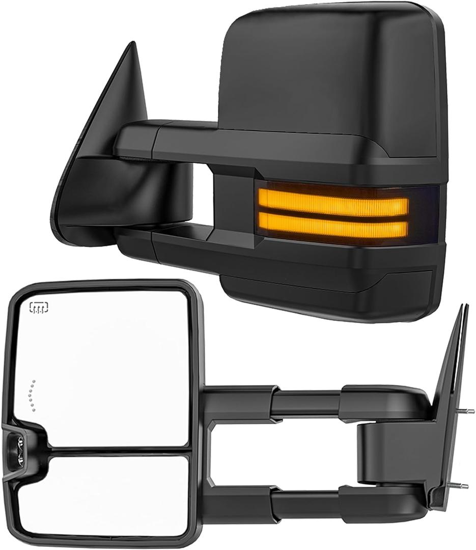 Smoked Lens Sequential Signal Tow Mirrors Compatible with 2007-2021 Toyota Tundra & 2008-2017 Toyota Sequoia, Heated Extended Trailer Towing Side Mirror w/Backup Light(w/o BSM), Black Housing