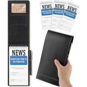 3 Pcs Reporters Notebook with PU Leather Cover Pen Journalists Notebook Steno Pads Top Spiral Lined Notepad Gifts for Christmas Graduation Reporter Journalists(Black,4" X 8")