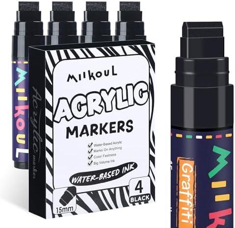 miikoul 4 Pcs Jumbo Black Permanent Markers, Large 15mm Felt Tip Wide Thick Acrylic Paint Pens Graffiti Markers for Rock Painting, Glass, Ceramic, Posters, Canvas, Wood, Stone