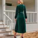 Women's Velvet V Neck Puff Sleeve Dress for Wedding Guest Cocktail Elegant Bodycon Party Midi Dress (Green)