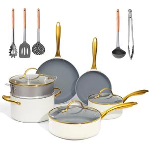 ceramic cookware set,Healthy,Non Toxic,Pots and Pans Set non stick,14-Pcs Kitchen induction cooking Sets, nonstick Pot and Pan Set with silicione Utensils,PFOS/PFOA Free,Cream and Gold