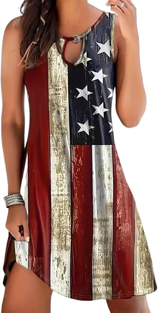 American Flag Tank Dresses for Women USA Flag Stars and Stripes Patriotic July 4th Keyhole Neckline Beach Sundress (Small, Red)