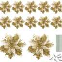 NUOBESTY 12 Golden Christmas Glitter Poinsettia Flowers Artificial Flowers for Christmas Tree Decor with Stems & Clips
