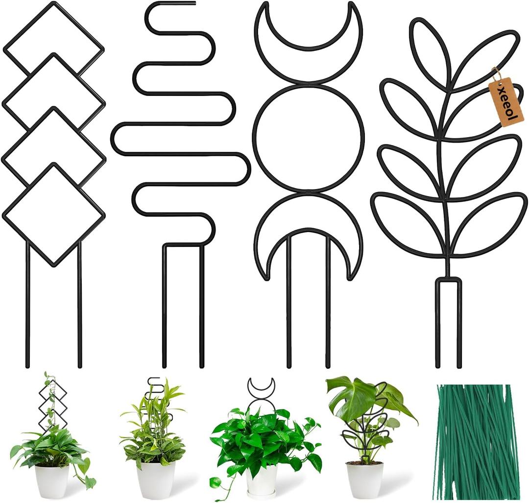 Plant Trellis for Climbing Plants Indoor, Small 14.6in Metal Trellis for Potted Plants, Mini Houseplant Hoya Pothos Trellis with Ties, Set of 4p Different Shap, Black