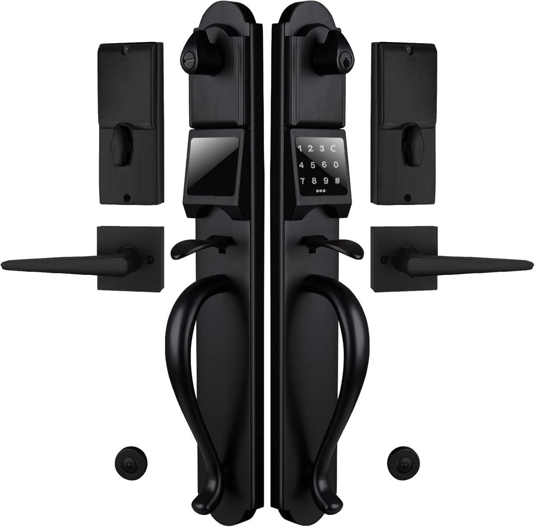 Heavy Duty keypad Double Door Handleset with Lock for Front Door, Electronic Keyed & Dummy Set, Matte Black Finish
