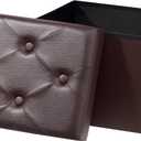 Ottoman with Storage Foot Stool, 17 Inches Folding Storage Ottomans, Leather Upholstered Ottoman Foot Rest with Side Pockets, Suitable for Living Room, Bedroom, Cafe (Brown Rhombus)