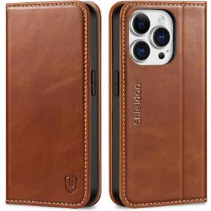 SHIELDON Case for iPhone 14 Pro 5G 2022, Genuine Leather Wallet Case with Kickstand RFID Blocking Card Holder Magnetic Shock Absorbing Cover Compatible with iPhone 14 Pro 6.1" - Retro Brown