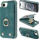 Wallet Case Compatible for iPhone 16E 6.1 inch with Credit Card Holder,Shockproof Protective Phone Cover Supports 360Rotation Ring Stand and RFID Blocking,Blue Green